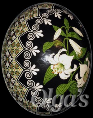 Ukrainian Easter Eggs. Ostrich Pysanky. White Lily.