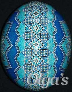 Ukrainian Easter Egg. Hand painted Ostrich pysanka. Side view